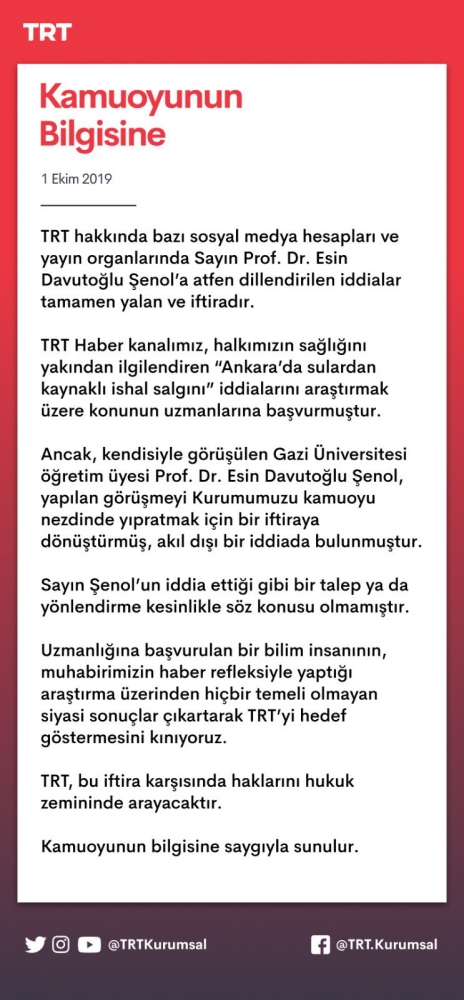 TRT'den öğretim üyesi Esin Davutoğlu Şenol'un iddialarına yalanlama